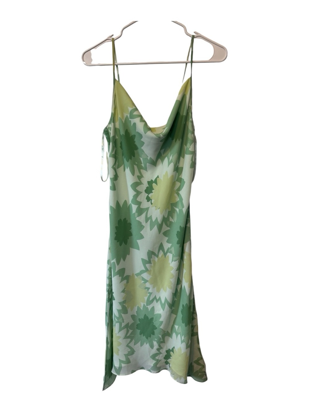 Express Lime Green Cowl Neck Retro Floral Print Slip Dress Size 3/4 Midi Length